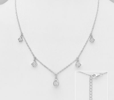 925 Sterling Silver Droplet Necklace, Featuring Rhombus Design, Decorated with CZ Simulated Diamonds