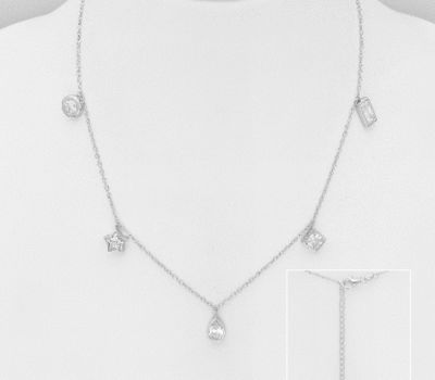 925 Sterling Silver Necklace Featuring Star, Rectangle, Droplet, Circle and Rhombus Shape, Decorated with CZ Simulated Diamonds