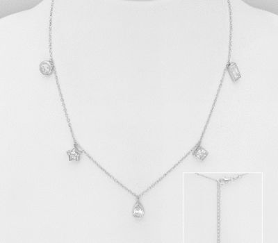 Şəkli böyütmək üçün tiklayın 925 Sterling Silver Necklace Featuring Star, Rectangle, Droplet, Circle and Rhombus Shape, Decorated with CZ Simulated Diamonds