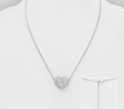 925 Sterling Silver Heart Necklace, Decorated with CZ Simulated Diamonds