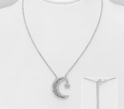 925 Sterling Silver Moon and Star Necklace,  Decorated with CZ Simulated Diamonds
