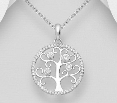 925 Sterling Silver Tree of Life Pendant, Decorated with CZ Simulated Diamonds