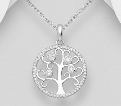 Şəkli böyütmək üçün tiklayın 925 Sterling Silver Tree of Life Pendant, Decorated with CZ Simulated Diamonds