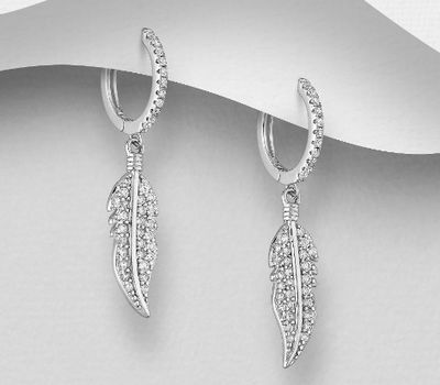 925 Sterling Silver Feather Hoop Earrings, Decorated with CZ Simulated Diamonds