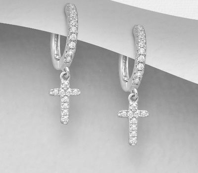 Şəkli böyütmək üçün tiklayın 925 Sterling Silver Cross Hoop Earrings, Decorated with CZ Simulated Diamonds