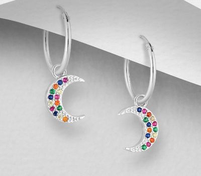 925 Sterling Silver Moon Hoop Earrings,  Decorated With Colorful CZ Simulated Diamonds, CZ Simulated Diamond Colors may Vary.