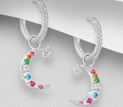 925 Sterling Silver Moon and Star Hoop Earrings, Decorated with Colorful CZ Simulated Diamonds, CZ Simulated Diamond Colors may Vary.