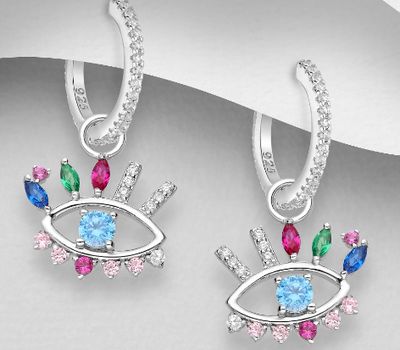 925 Sterling Silver Eye Hoop Earrings, Decorated with Colorful CZ Simulated Diamonds, CZ Simulated Diamond Colors may Vary.