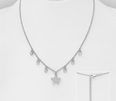 Şəkli böyütmək üçün tiklayın 925 Sterling Silver Star Necklace, Decorated with CZ Simulated Diamonds
