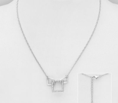 925 Sterling Silver Square Links Necklace,  Decorated with CZ Simulated Diamonds
