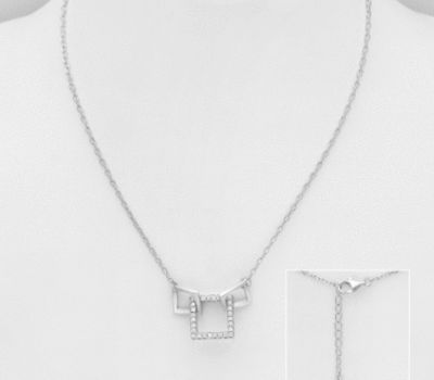 Şəkli böyütmək üçün tiklayın 925 Sterling Silver Square Links Necklace, Decorated with CZ Simulated Diamonds