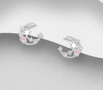 925 Sterling Silver Moon and Star Push-Back Earrings, Decorated with CZ Simulated Diamonds
