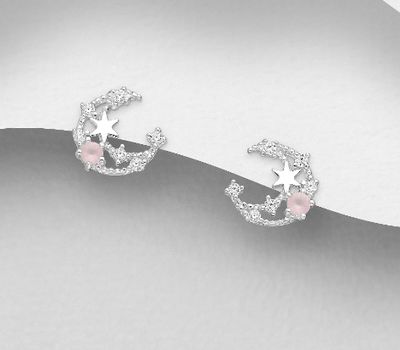 Şəkli böyütmək üçün tiklayın 925 Sterling Silver Moon and Star Push-Back Earrings, Decorated with CZ Simulated Diamonds