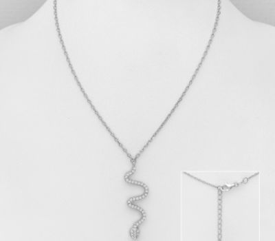 925 Sterling Silver Snake Necklace, Decorated with CZ Simulated Diamonds