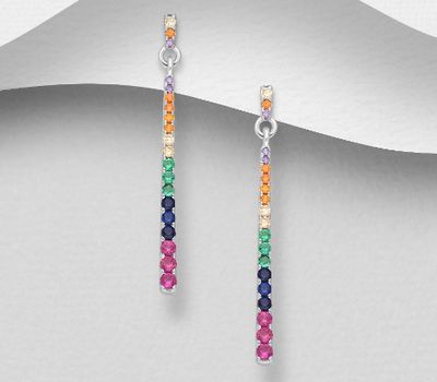Şəkli böyütmək üçün tiklayın 925 Sterling Silver Bar Push-Back Earrings, Decorated with Gradient Color CZ Simulated Diamonds