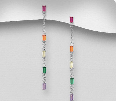925 Sterling Silver Push-Back Earrings, Decorated with Colorful CZ Simulated Diamonds, CZ Simulated Diamond Colors may Vary.