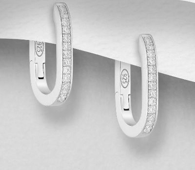 925 Sterling Silver Oval Hoop Earrings, Decorated with CZ Simulated Diamonds