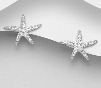 925 Sterling Silver Starfish Push-Back Earrings, Decorated with CZ Simulated Diamonds