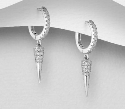 925 Sterling Silver Spike Hoop Earrings Decorated with CZ Simulated Diamonds