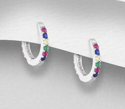 925 Sterling Silver Hoop Earrings, Decorated with Colorful CZ Simulated Diamonds, Color may vary