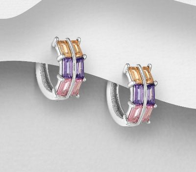 Şəkli böyütmək üçün tiklayın 925 Sterling Silver Hoop Earrings, Decorated with Colorful CZ Simulated Diamonds