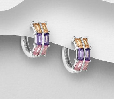 925 Sterling Silver Hoop Earrings, Decorated with Colorful CZ Simulated Diamonds