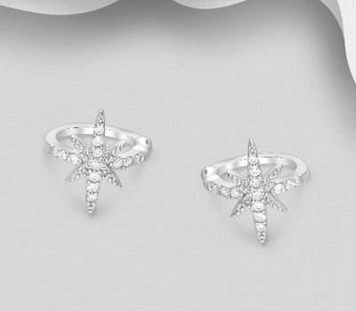 925 Sterling Silver Star Ear Cuffs, Decorated with CZ Simulated Diamonds