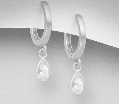 925 Sterling Silver Droplet Hoop Earrings,  Decorated With CZ Simulated Diamonds