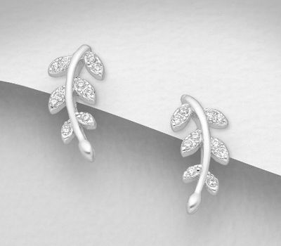 925 Sterling Silver Leaf Push-Back Earrings, Decorated with CZ Simulated Diamonds