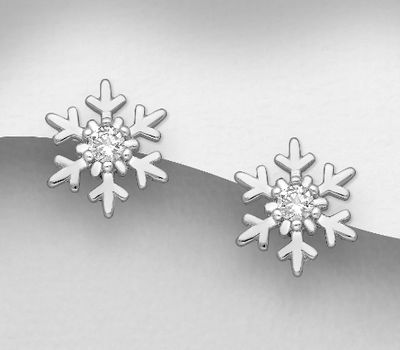 925 Sterling Silver Snowflake Push-Back Earrings, Decorated with CZ Simulated Diamonds