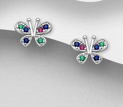 925 Sterling Silver Butterfly Push-Back Earrings, Decorated with Colorful CZ Simulated Diamonds