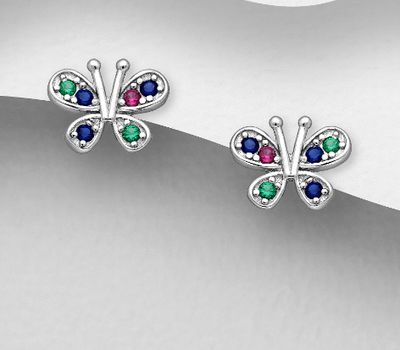 Şəkli böyütmək üçün tiklayın 925 Sterling Silver Butterfly Push-Back Earrings, Decorated with Colorful CZ Simulated Diamonds
