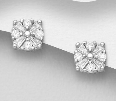 925 Sterling Silver Push-Back Earrings, Decorated with CZ Simulated Diamonds