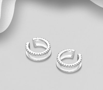 925 Sterling Silver Ear Cuffs, Decorated with CZ Simulated Diamonds