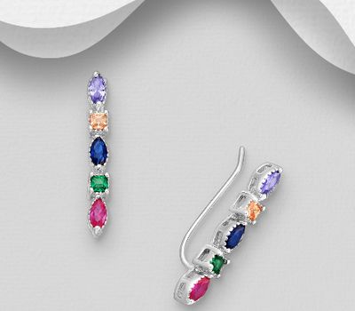 925 Sterling Silver Ear Pins, Decorated with Colorful CZ Simulated Diamonds, CZ Simulated Diamond Colors may Vary.