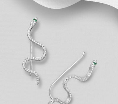 925 Sterling Silver Snake Ear Pins Decorated with CZ Simulated Diamonds