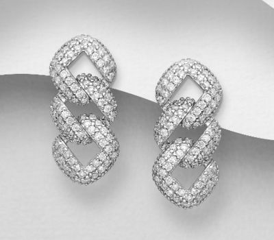 925 Sterling Silver Push-Back Links Earrings, Decorated with CZ Simulated Diamonds
