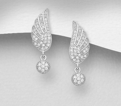 925 Sterling Silver Wings Push-Back Earrings, Decorated with CZ Simulated Diamonds