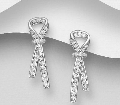 925 Sterling Silver Ribbon Push-Back Earrings, Decorated with CZ Simulated Diamonds