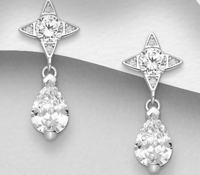 925 Sterling Silver Star Push-Back Earrings, Decorated with CZ Simulated Diamonds