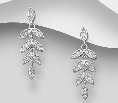 925 Sterling Silver Leaf Push-Back Earrings, Decorated with CZ Simulated Diamonds