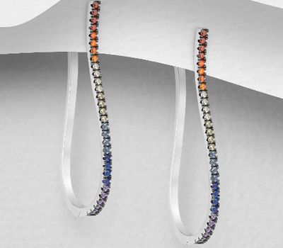 925 Sterling Silver Omega Lock Earrings, Decorated with Colorful CZ Simulated Diamonds, CZ Simulated Diamond Colors may Vary.