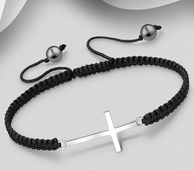 925 Sterling Silver Sideways Cross with Adjustable Thread Bracelet