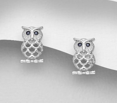 925 Sterling Silver Owl Push-Back Earrings, Decorated with CZ Simulated Diamonds