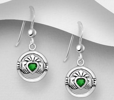 925 Sterling Silver Claddagh Hook Earrings, Decorated with CZ Simulated Diamonds