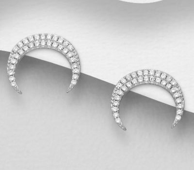 925 Sterling Silver Horn Push-Back Earrings Decorated with CZ Simulated Diamonds
