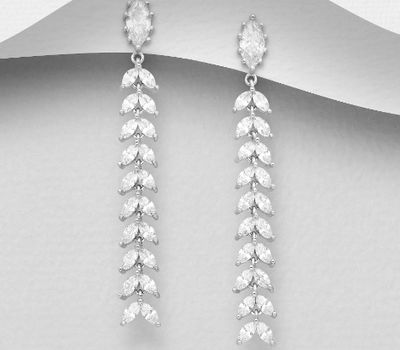 925 Sterling Silver Long Push-Back Earrings Decorated with CZ Simulated Diamonds