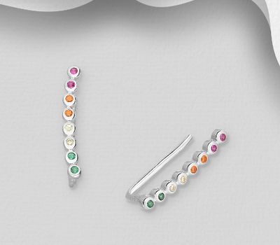 925 Sterling Silver Ear Pins, Decorated with Colorful CZ Simulated Diamonds, CZ Simulated Diamond Colors may Vary.