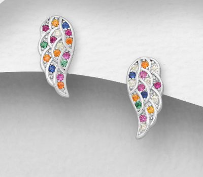 925 Sterling Silver Wings Push-Back Earrings, Decorated with Colorful CZ Simulated Diamonds, CZ Simulated Diamond Colors may Vary.