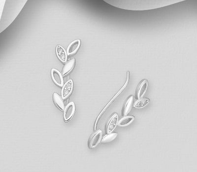925 Sterling Silver Leaf Ear Pins, Decorated with CZ Simulated Diamonds